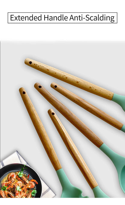 Silicone Kitchen Utensils Set with Wooden Handles