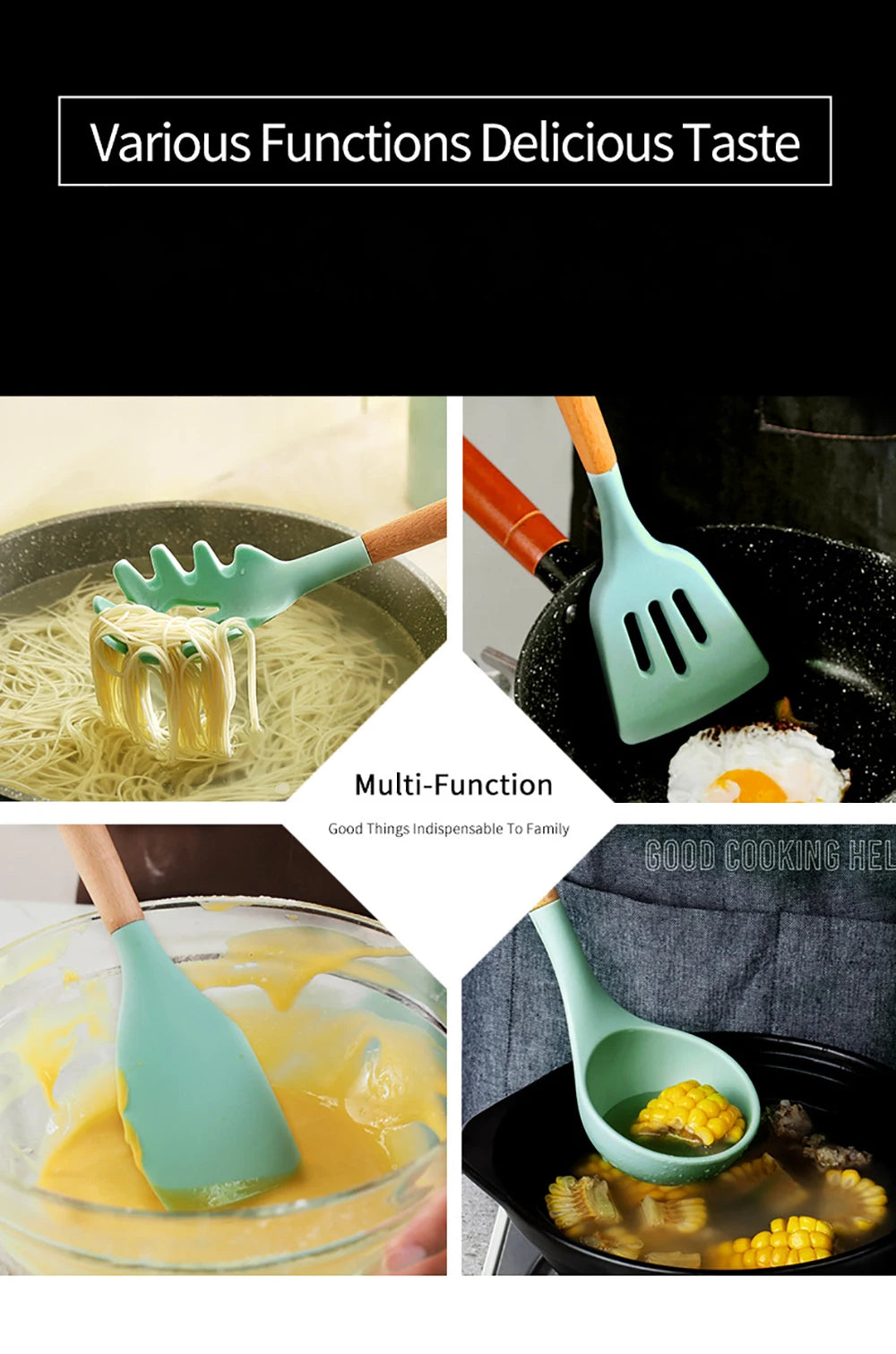 Silicone Kitchen Utensils Set with Wooden Handles