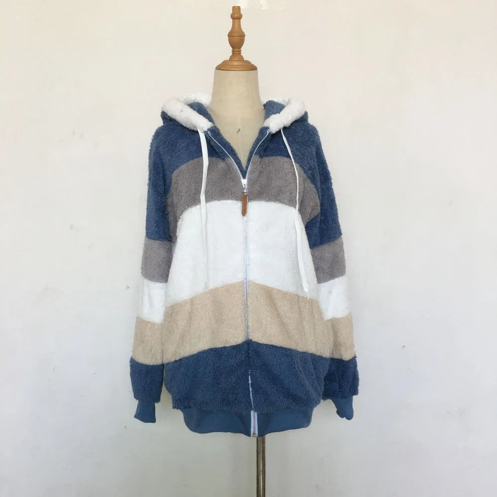 Warm Plush Hooded Coat with Zipper Pockets for Women