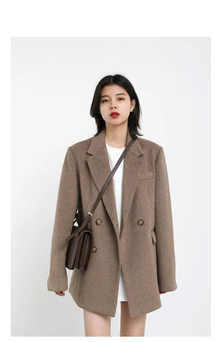 Wool Blend Mid Long Blazer Coat for Women