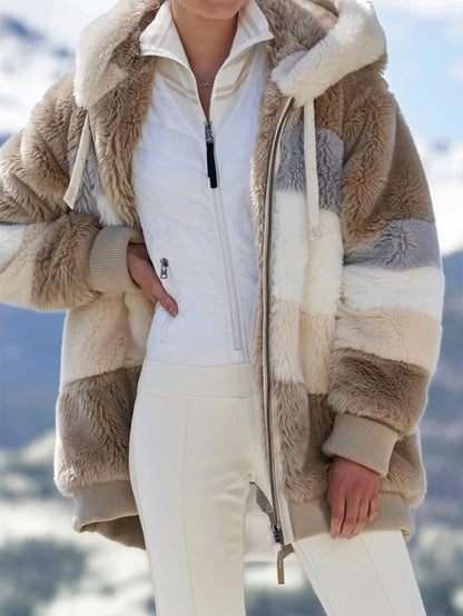Warm Plush Hooded Coat with Zipper Pockets for Women