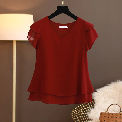 Loose V-Neck Chiffon Blouse for Women
