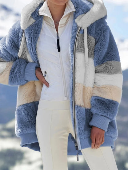 Warm Plush Hooded Coat with Zipper Pockets for Women