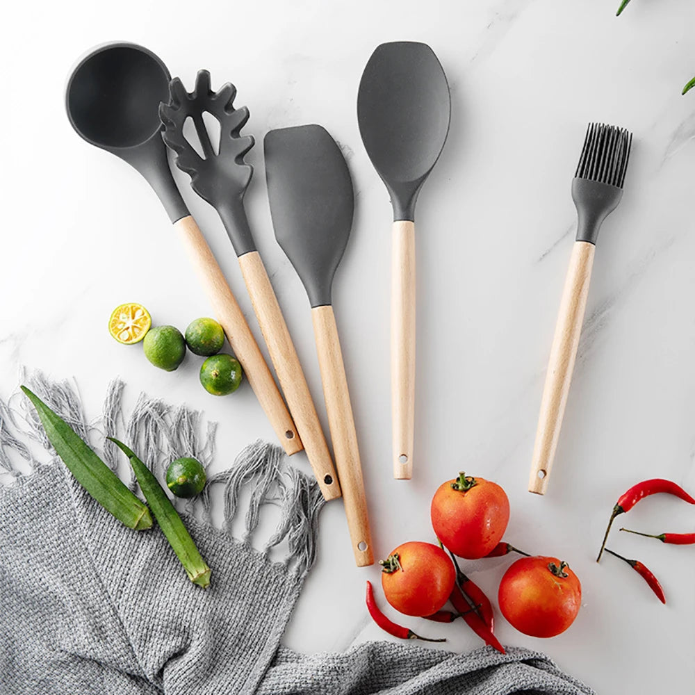 Silicone Kitchen Utensils Set with Wooden Handles
