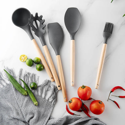 Silicone Kitchen Utensils Set with Wooden Handles