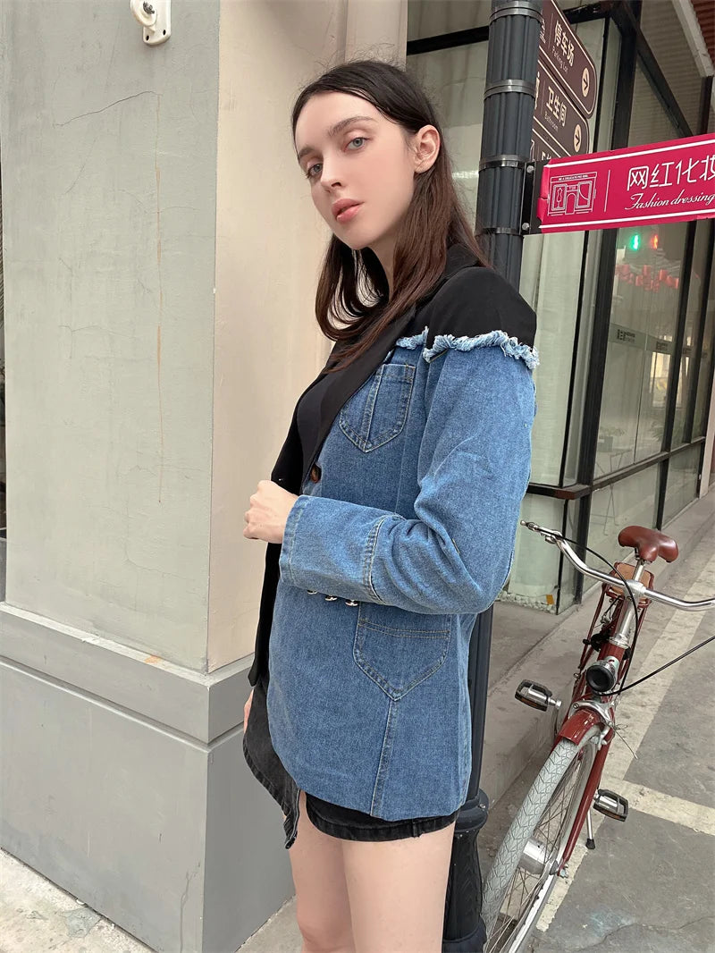 Women Vintage Denim Patchwork Blazer Coat