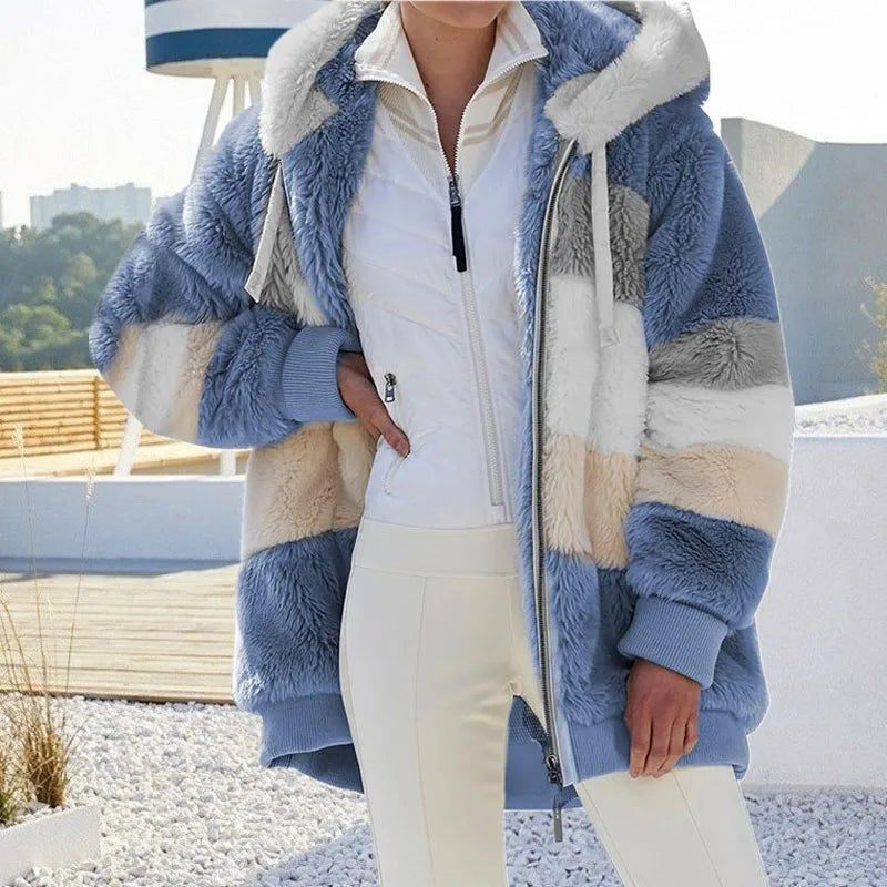 Warm Plush Hooded Coat with Zipper Pockets for Women