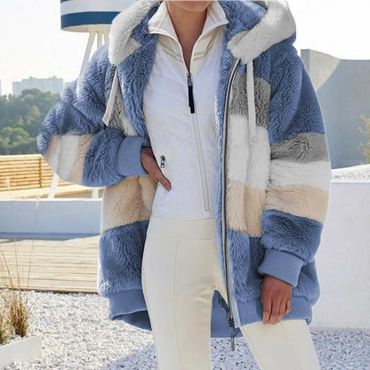 Warm Plush Hooded Coat with Zipper Pockets for Women