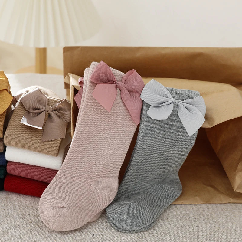 Knee High Cotton Baby Socks with Big Bow