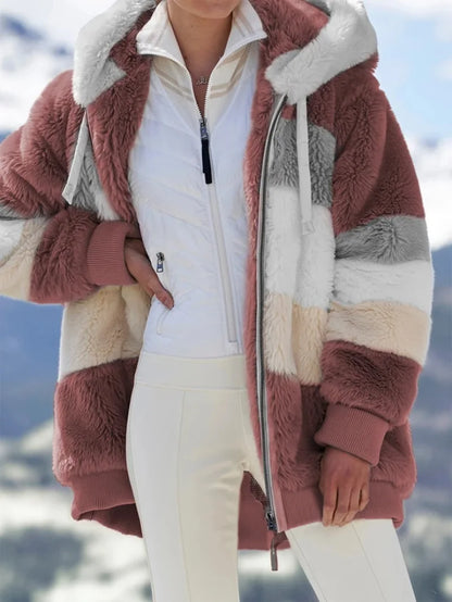 Warm Plush Hooded Coat with Zipper Pockets for Women