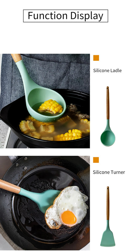 Silicone Kitchen Utensils Set with Wooden Handles
