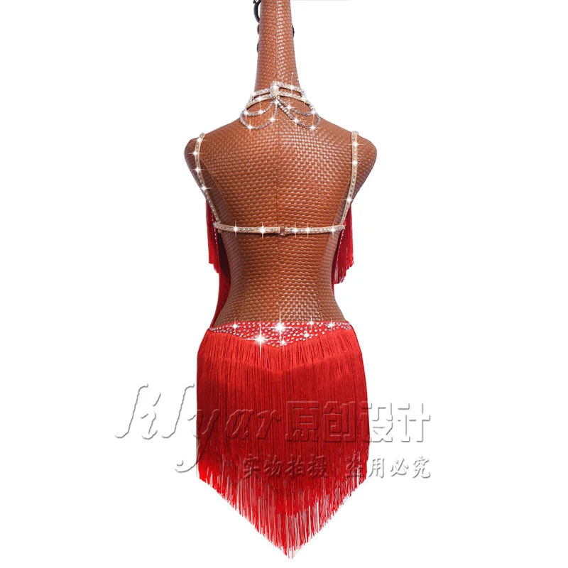 Latin Dance Dress with Rhinestones and Tassels in Red and White
