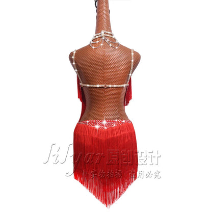 Latin Dance Dress with Rhinestones and Tassels in Red and White