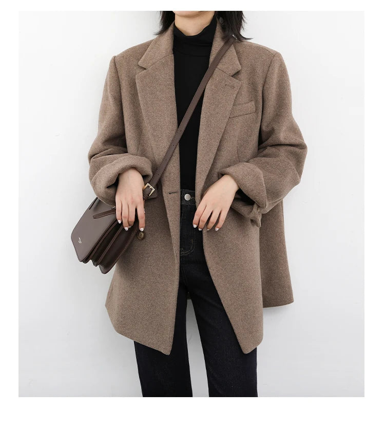 Wool Blend Mid Long Blazer Coat for Women