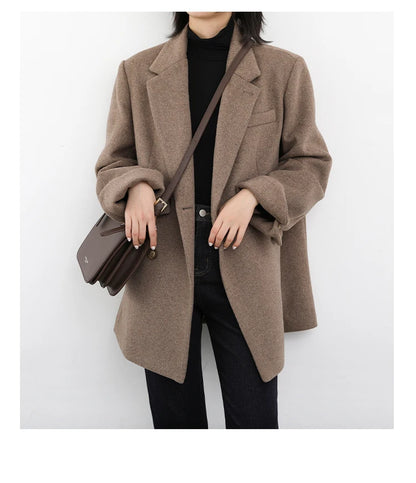 Wool Blend Mid Long Blazer Coat for Women