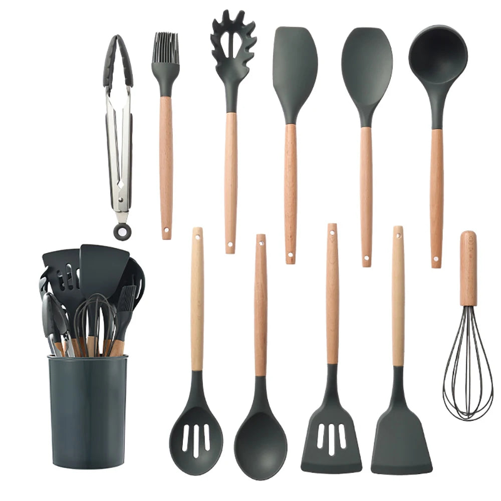 Silicone Kitchen Utensils Set with Wooden Handles