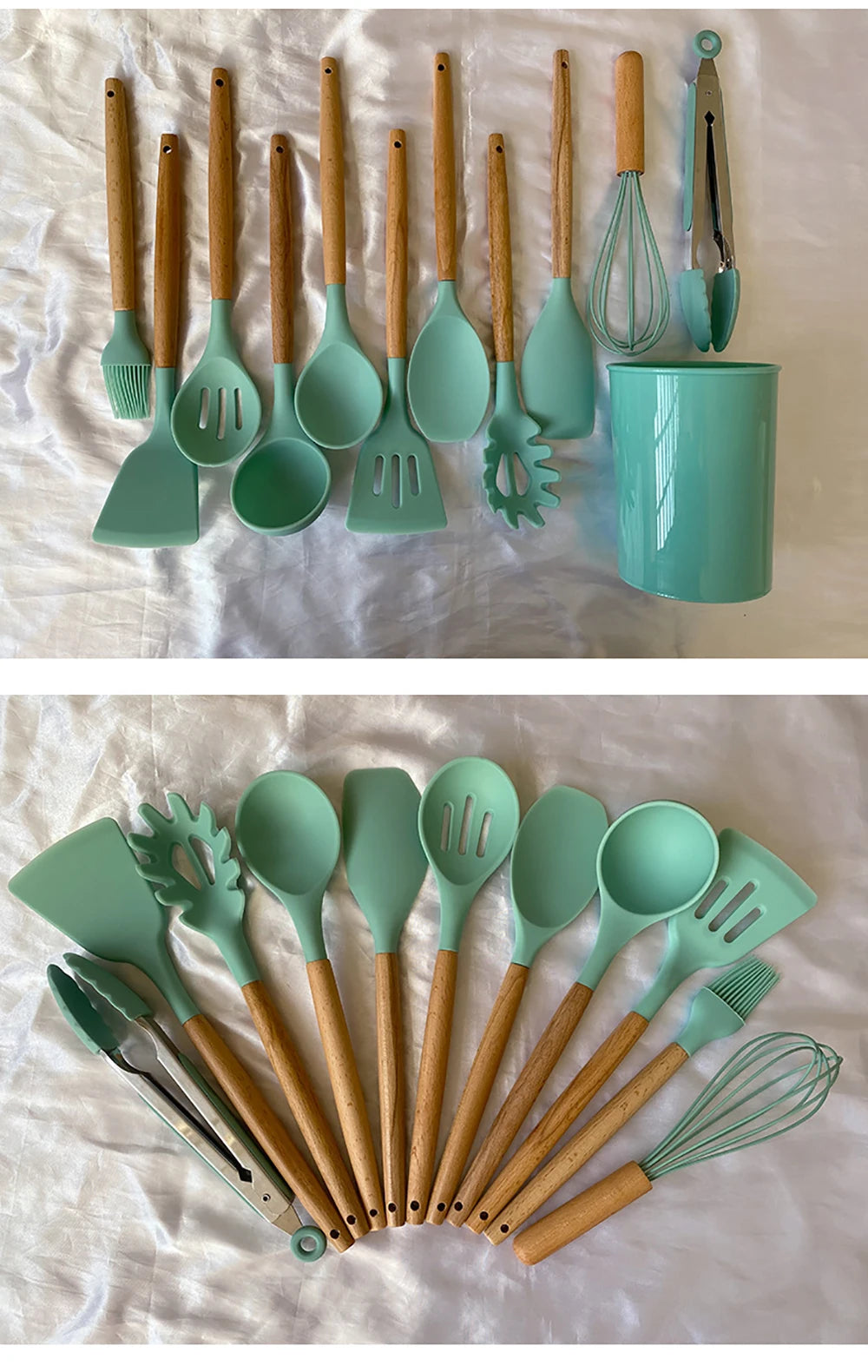 Silicone Kitchen Utensils Set with Wooden Handles
