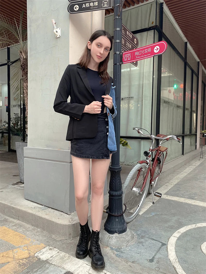 Women Vintage Denim Patchwork Blazer Coat