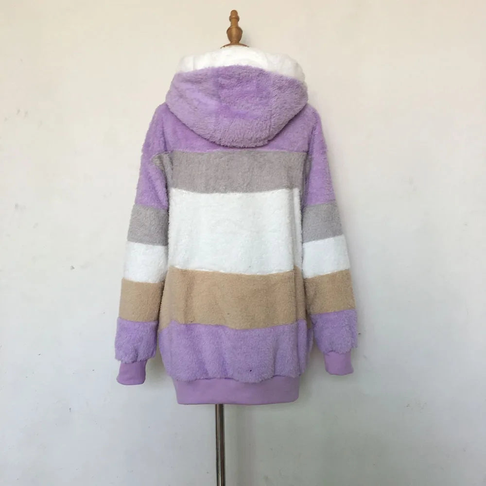 Warm Plush Hooded Coat with Zipper Pockets for Women