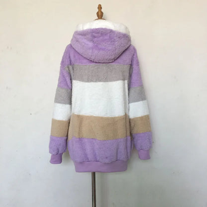 Warm Plush Hooded Coat with Zipper Pockets for Women