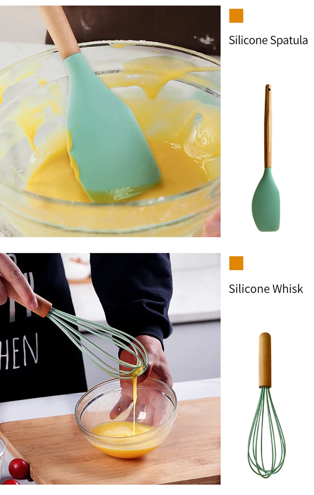 Silicone Kitchen Utensils Set with Wooden Handles