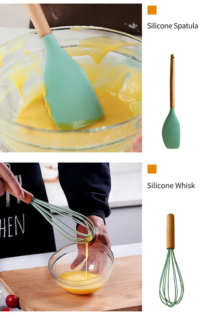 Silicone Kitchen Utensils Set with Wooden Handles