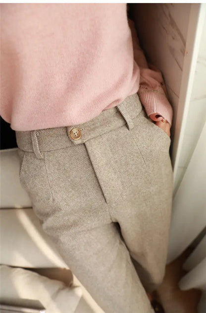 Woolen Harem Pencil Pants High Waisted Casual Trousers