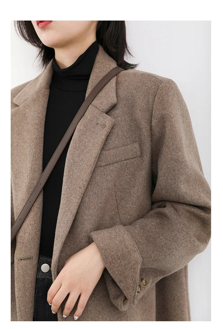 Wool Blend Mid Long Blazer Coat for Women