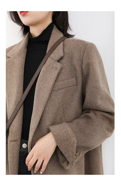 Wool Blend Mid Long Blazer Coat for Women