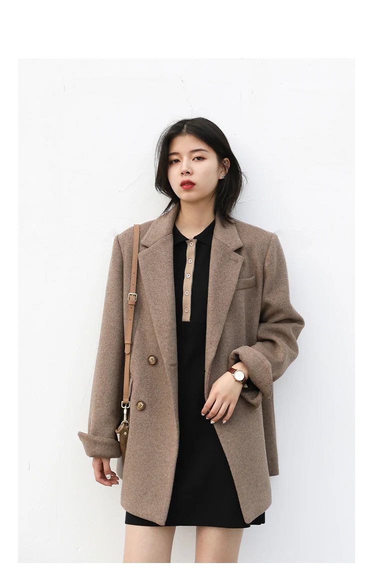 Wool Blend Mid Long Blazer Coat for Women