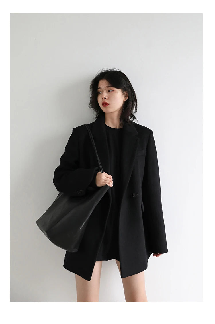 Wool Blend Mid Long Blazer Coat for Women