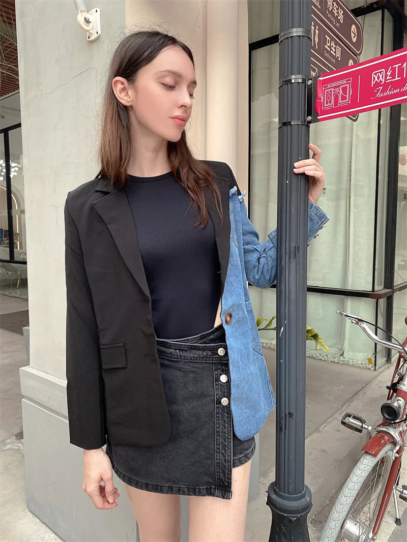 Women Vintage Denim Patchwork Blazer Coat