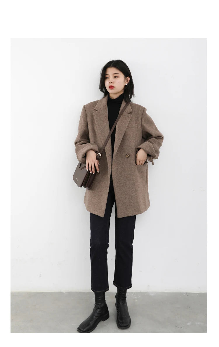 Wool Blend Mid Long Blazer Coat for Women
