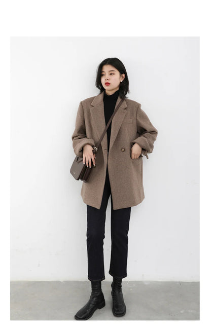 Wool Blend Mid Long Blazer Coat for Women