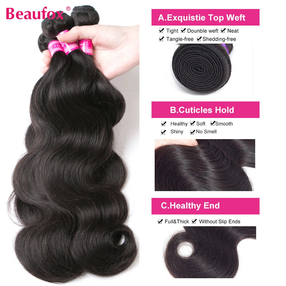 Beaufox Body Wave Brazilian Hair Weave Bundles 8-32 Inch Jet Black