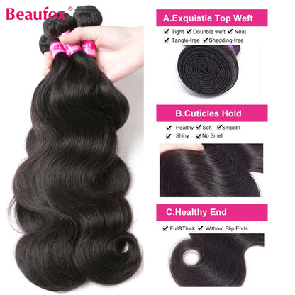 Beaufox Body Wave Brazilian Hair Weave Bundles 8-32 Inch Jet Black