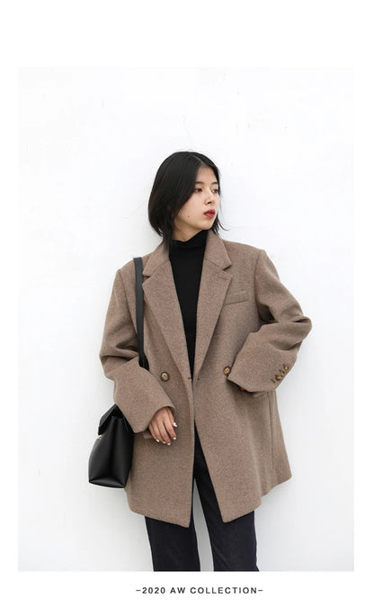 Wool Blend Mid Long Blazer Coat for Women