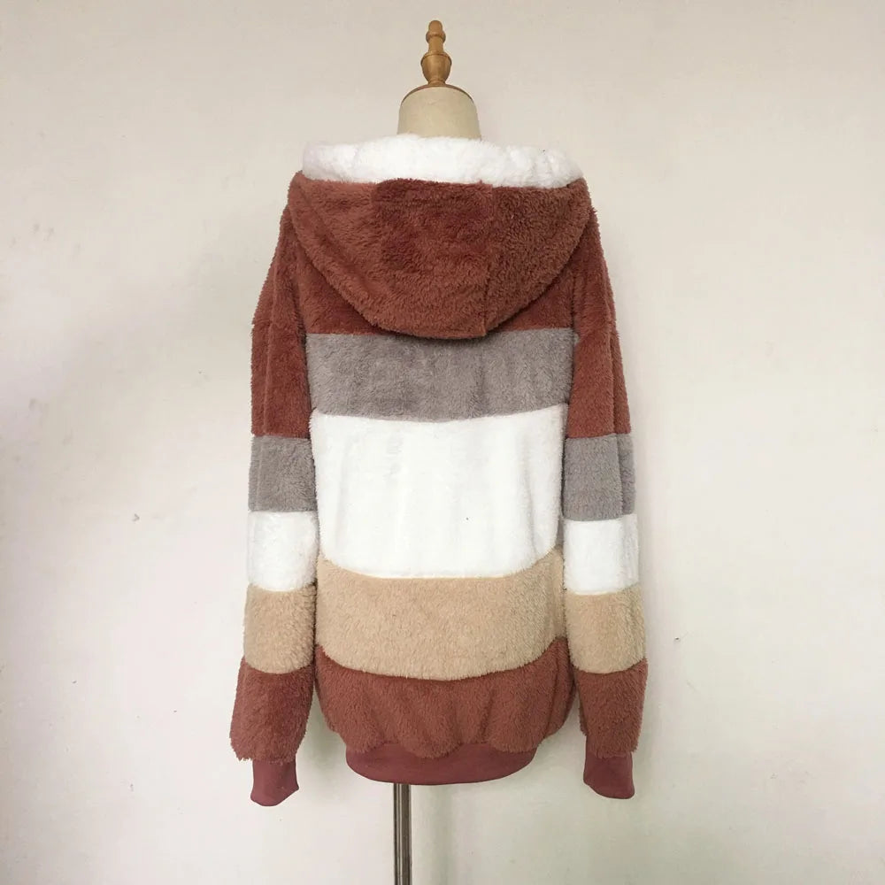 Warm Plush Hooded Coat with Zipper Pockets for Women