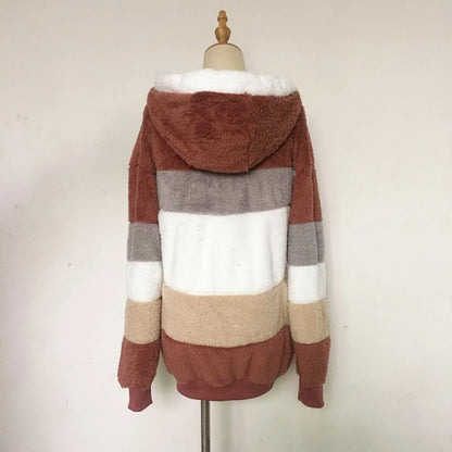 Warm Plush Hooded Coat with Zipper Pockets for Women