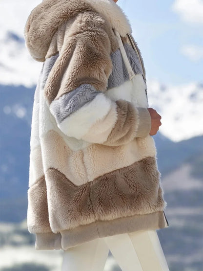Warm Plush Hooded Coat with Zipper Pockets for Women