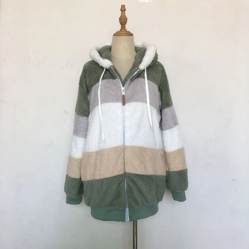 Warm Plush Hooded Coat with Zipper Pockets for Women