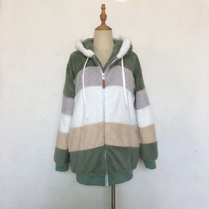 Warm Plush Hooded Coat with Zipper Pockets for Women