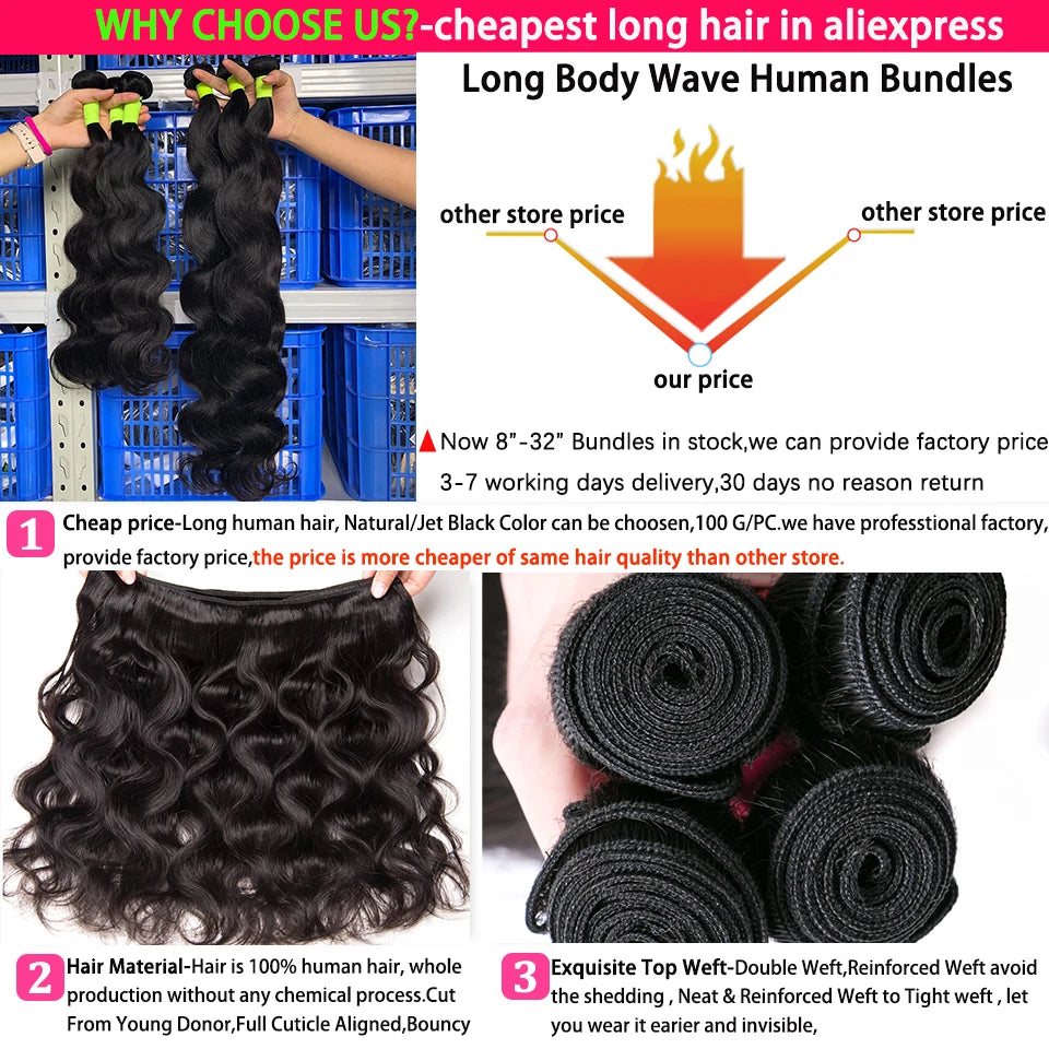 Beaufox Body Wave Brazilian Hair Weave Bundles 8-32 Inch Jet Black