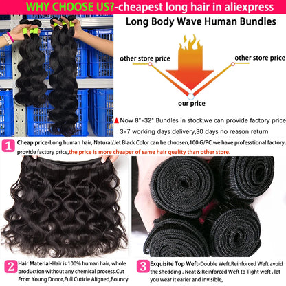 Beaufox Body Wave Brazilian Hair Weave Bundles 8-32 Inch Jet Black