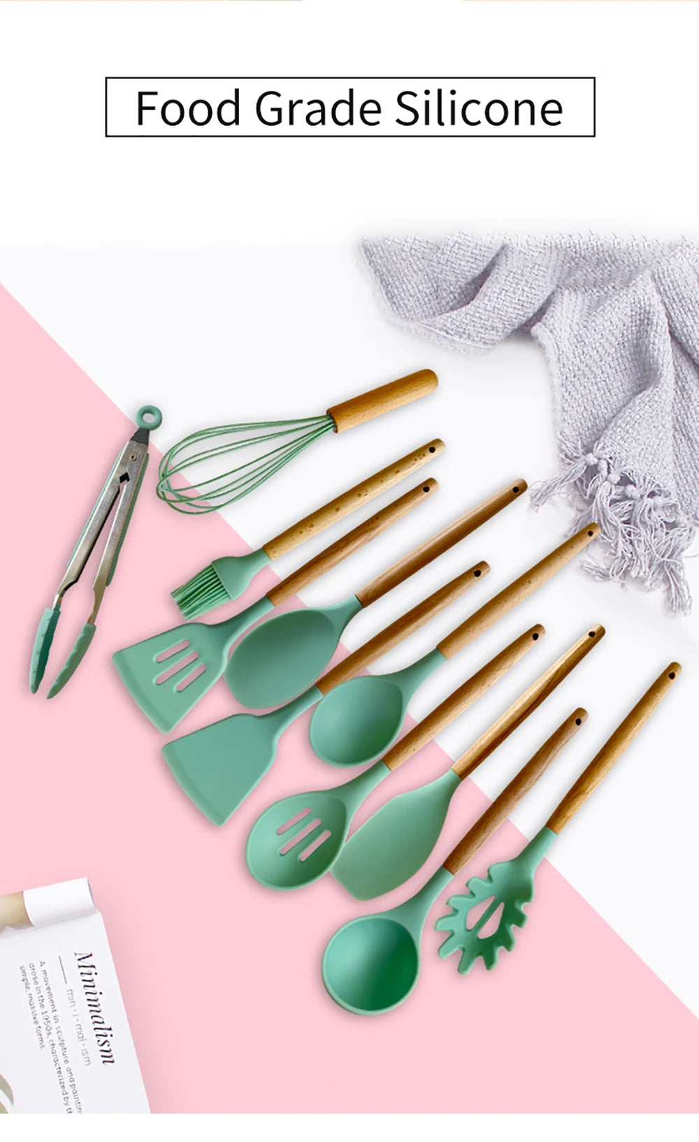Silicone Kitchen Utensils Set with Wooden Handles