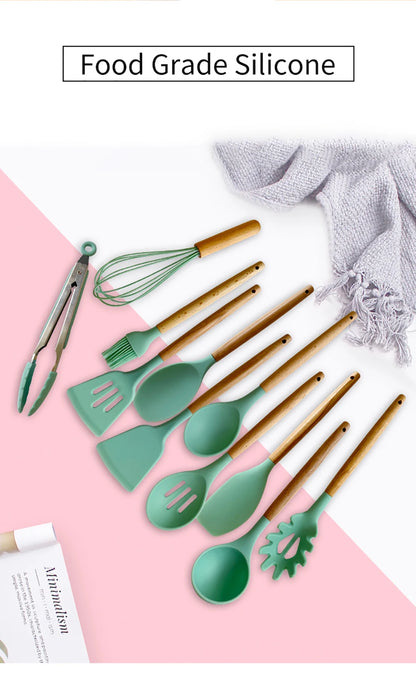 Silicone Kitchen Utensils Set with Wooden Handles