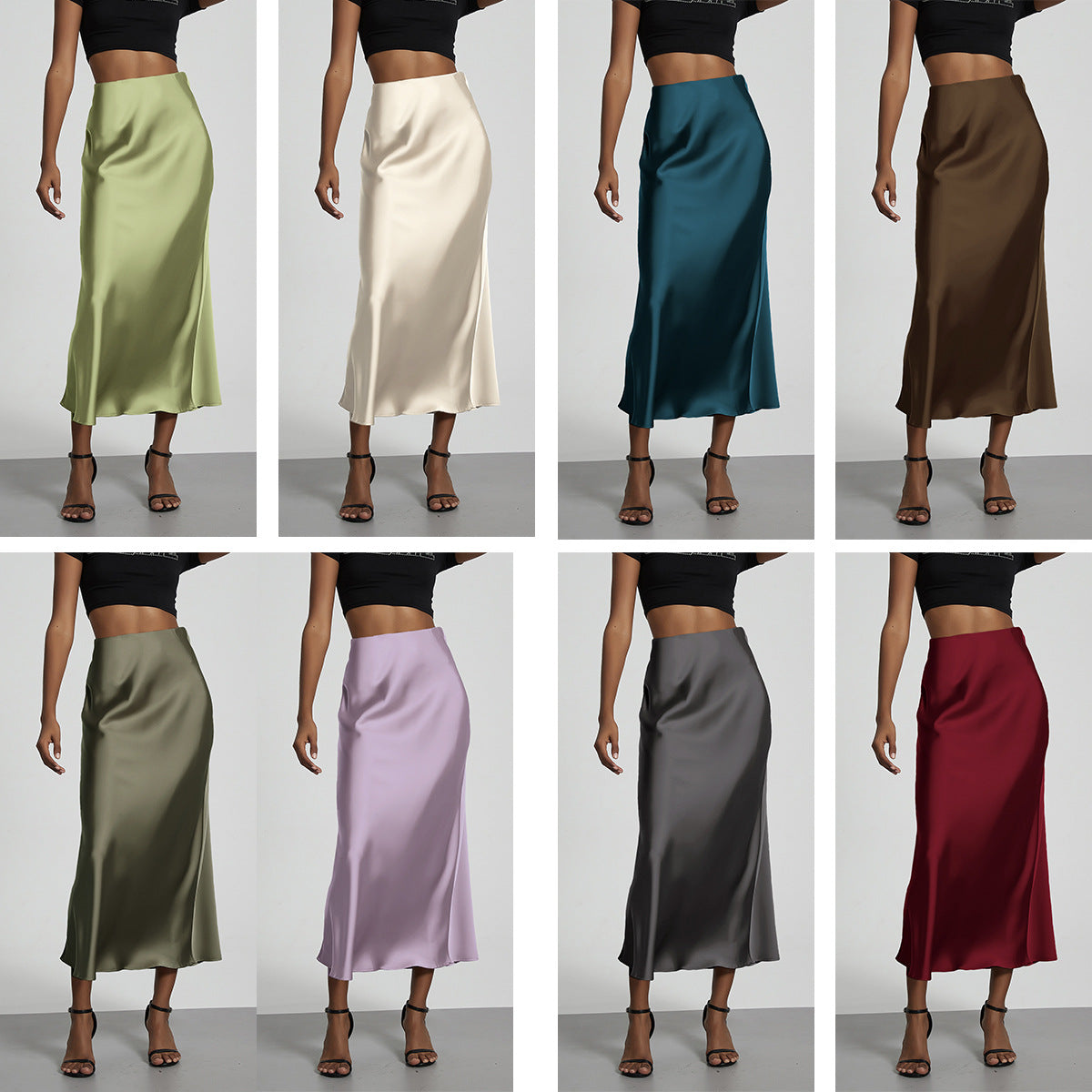 Elegant Satin Midi Skirt in Solid Colors