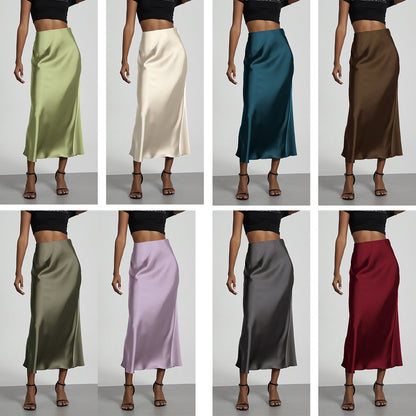 Elegant Satin Midi Skirt in Solid Colors