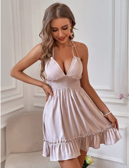 Deep V Rope Suspender Pleated Dress in Olive Green