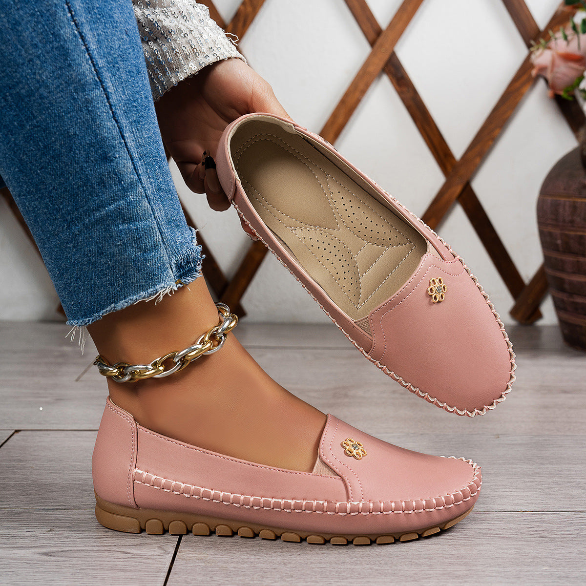 Large Size Women's Loafers in PU - Camel Color